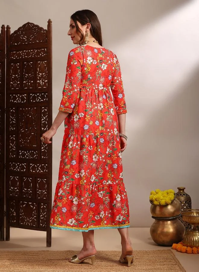 globus Women Red Floral Print Embroidered Midi Dress